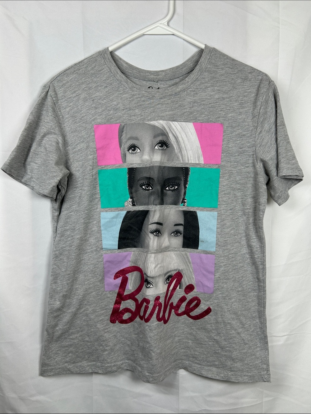 Barbie T-shirt Gray Pink Glitter Girls Size Medium 7-9